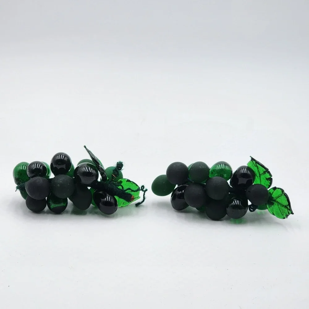 Vintage Green Glass Grape‎ Cluster Set of 2 Fruit Decor Mid Century Table Accent